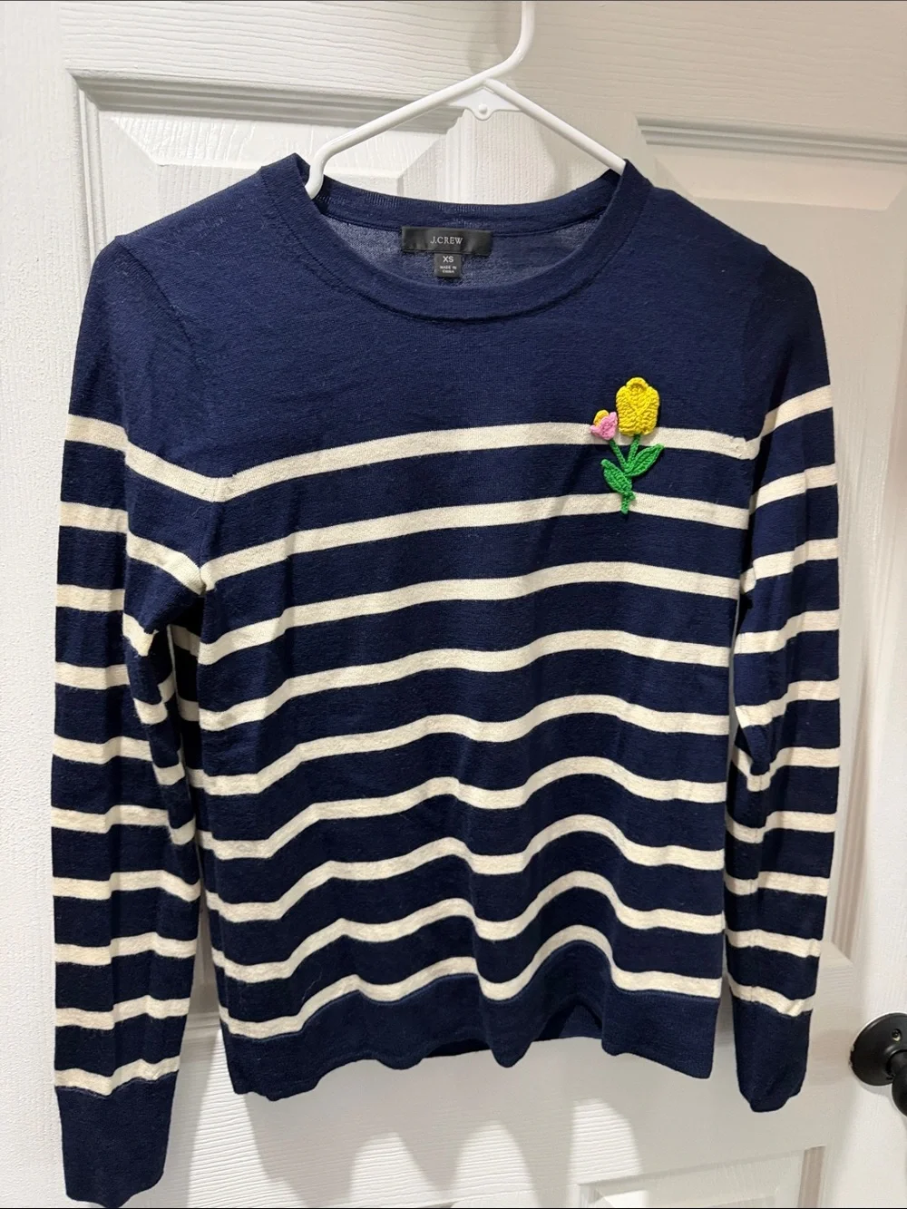 J. Crew Navy and White Striped Crewneck Sweater with Yellow Floral Appliqué